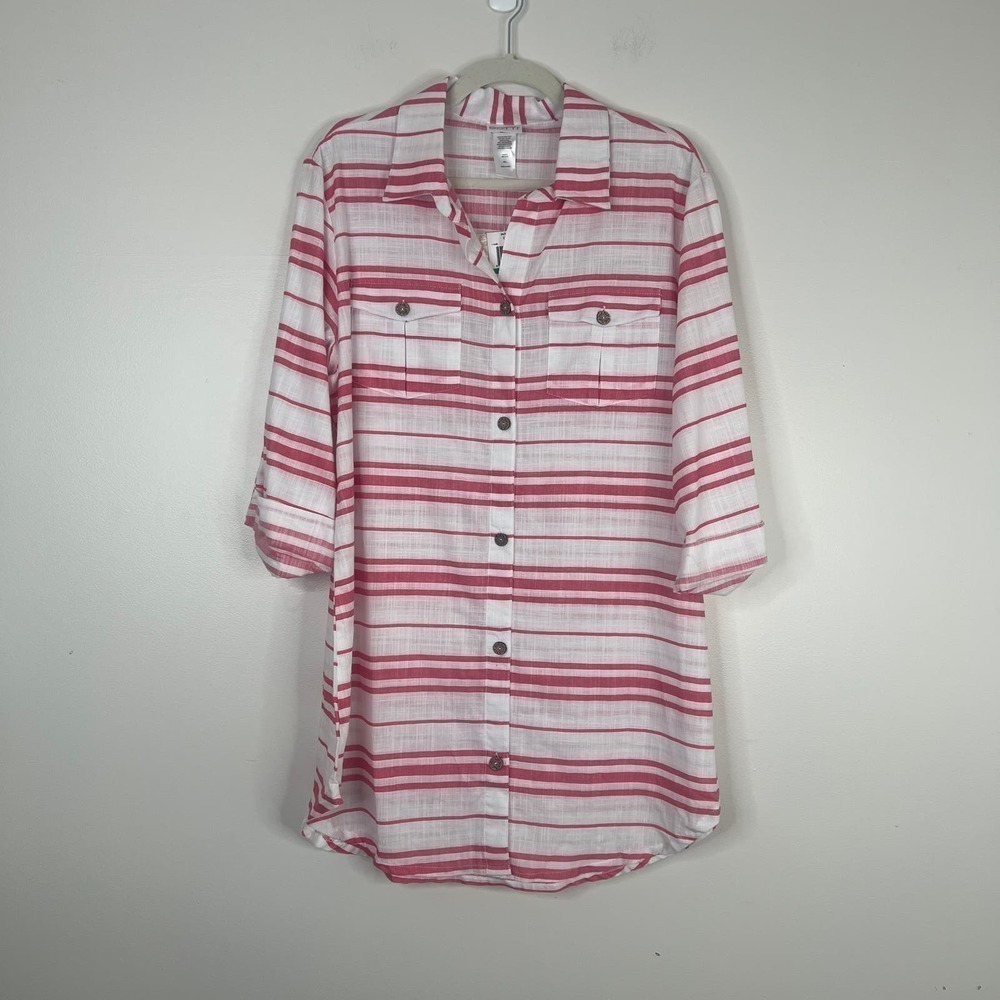 NWT Dotti 100% Cotton Pink & White Striped Longline Button Down Blouse Top Sz Lg